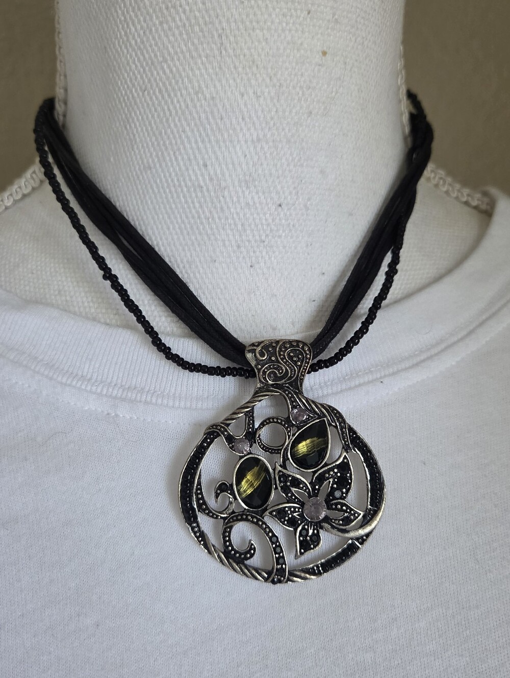 vintage silver tone openwork floral filigree pendant multistrand bead necklace